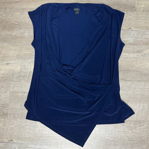 Clara Sun Woo Crossover Faux Wrap Asymmetrical Blouse Top Navy Blue Size Medium